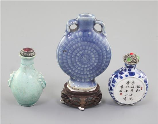 Three Chinese porcelain snuff bottles, 19th / early 20th century, 4.3cm - 7cm excluding stoppers and stands